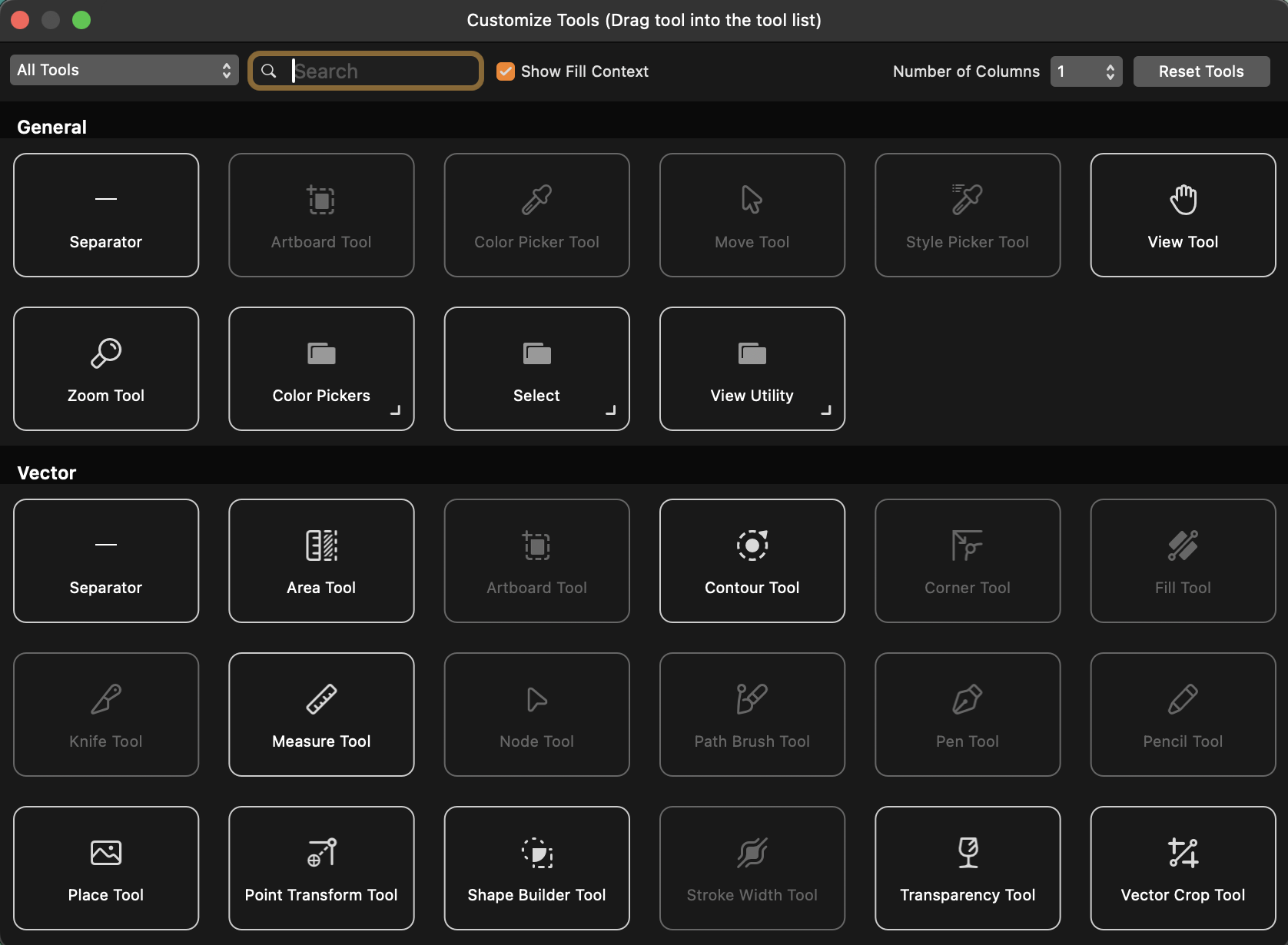 Affinity Studio Tools Menu