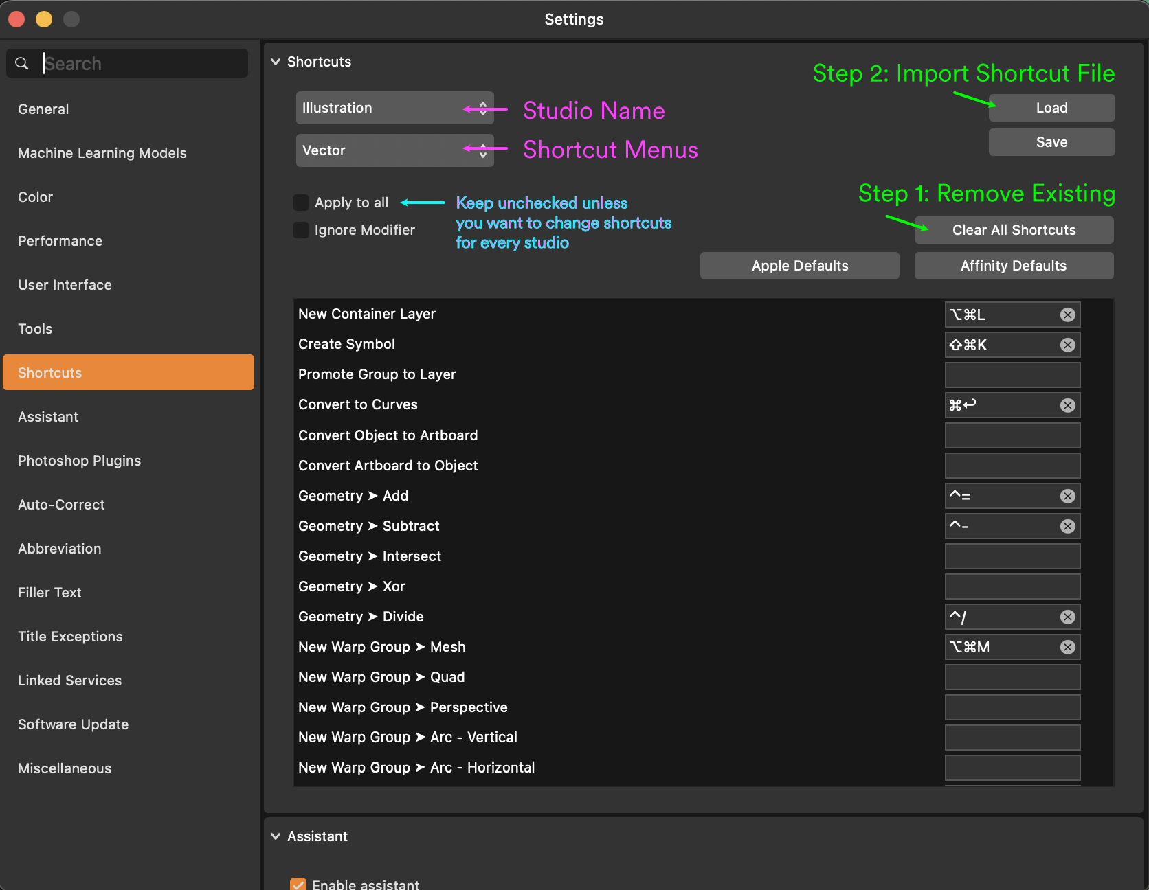 Affinity Shortcut Menu